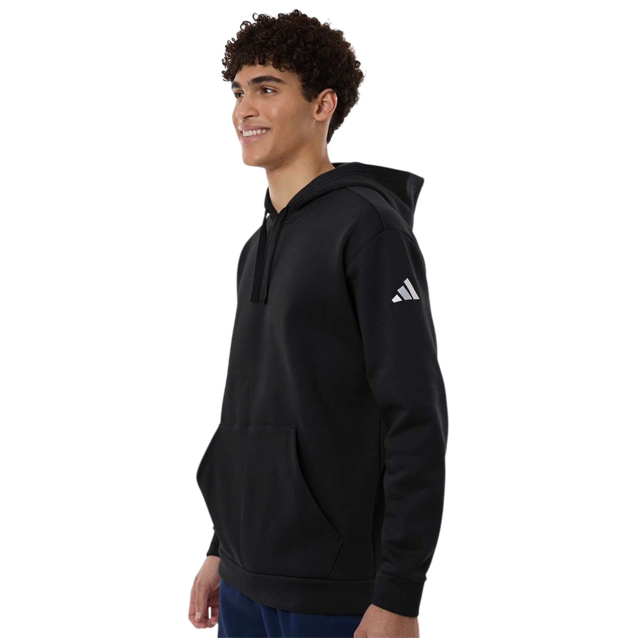 Black adidas Men’s Fleece Hooded Sweatshirt in black with soft cotton and recycled polyester fleece fabric, regular fit, front pouch pocket, adjustable hood, and embroidered adidas logo on the left sleeve for casual wear, team apparel, and branded promotions.