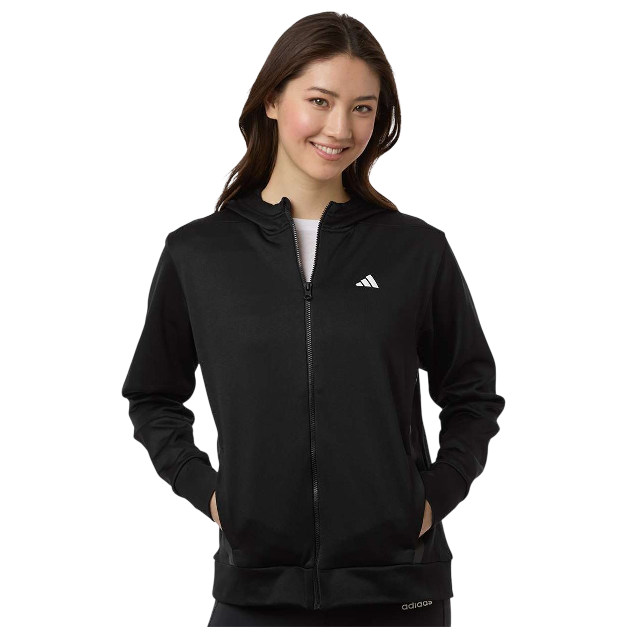 Black/White adidas Women’s Game & Go Fleece Full-Zip Hooded Sweatshirt in medium grey heather and black recycled polyester fleece with full-zip front, attached hood, long sleeves, and heat-seal adidas logo, designed for training, workouts, and casual wear.