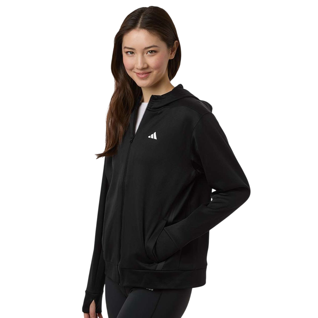 Black/White adidas Women’s Game & Go Fleece Full-Zip Hooded Sweatshirt in medium grey heather and black recycled polyester fleece with full-zip front, attached hood, long sleeves, and heat-seal adidas logo, designed for training, workouts, and casual wear.