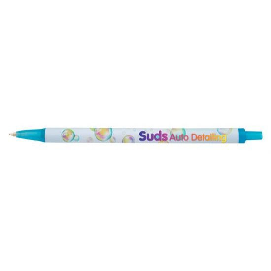 Blue Ice retractable plastic pen with frosted trim, durable pocket clip, and smooth ballpoint writing design.