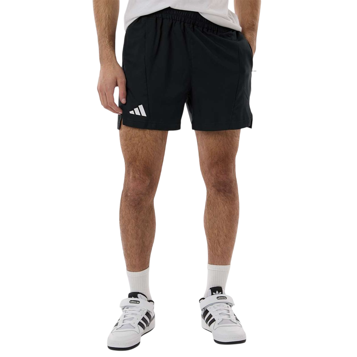 Black/White Adidas Men’s D4T Woven 7" Shorts AT304 in a lightweight recycled polyester woven fabric, shown in a regular fit with moisture-wicking AEROREADY technology, featuring side vents and a heat-seal adidas logo on the right leg, designed for training and athletic wear, displayed in solid performance colorway.