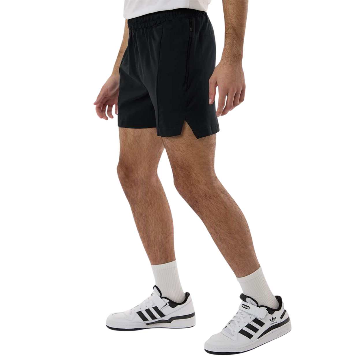 Black/White Adidas Men’s D4T Woven 7" Shorts AT304 in a lightweight recycled polyester woven fabric, shown in a regular fit with moisture-wicking AEROREADY technology, featuring side vents and a heat-seal adidas logo on the right leg, designed for training and athletic wear, displayed in solid performance colorway.