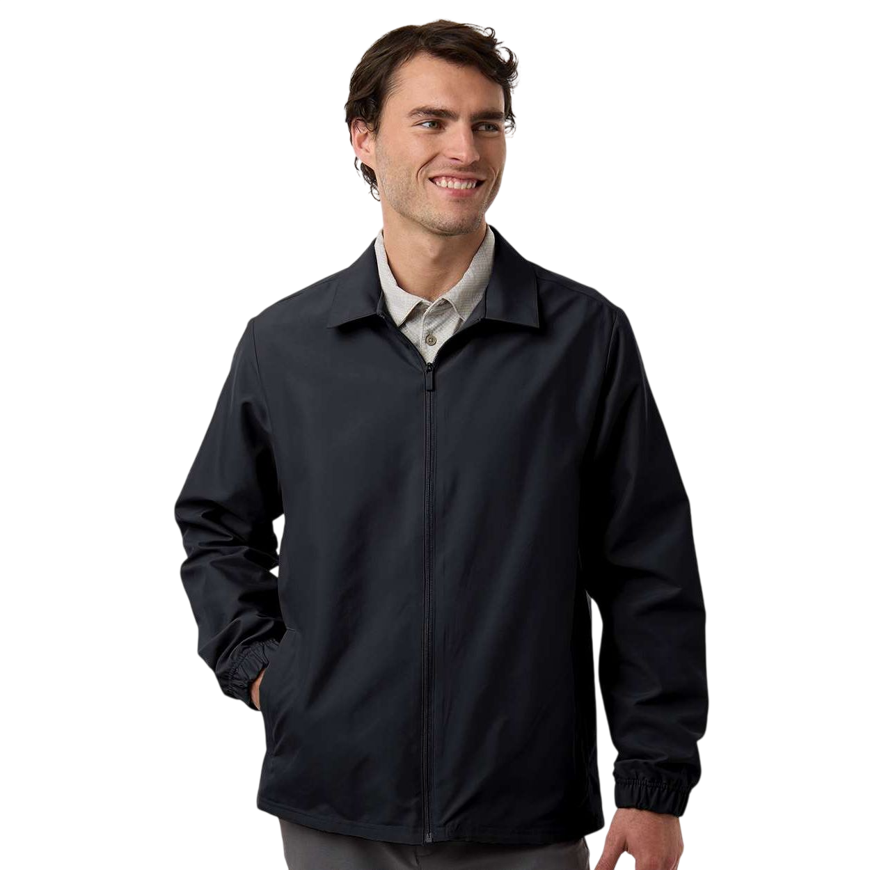 Black adidas Men's Lifestyle Full-Zip Jacket in lightweight recycled polyester with full front zipper, self-collar, regular fit, and subtle contrast logo detail on the back shoulder, designed for casual wear, travel, and light outdoor layering.