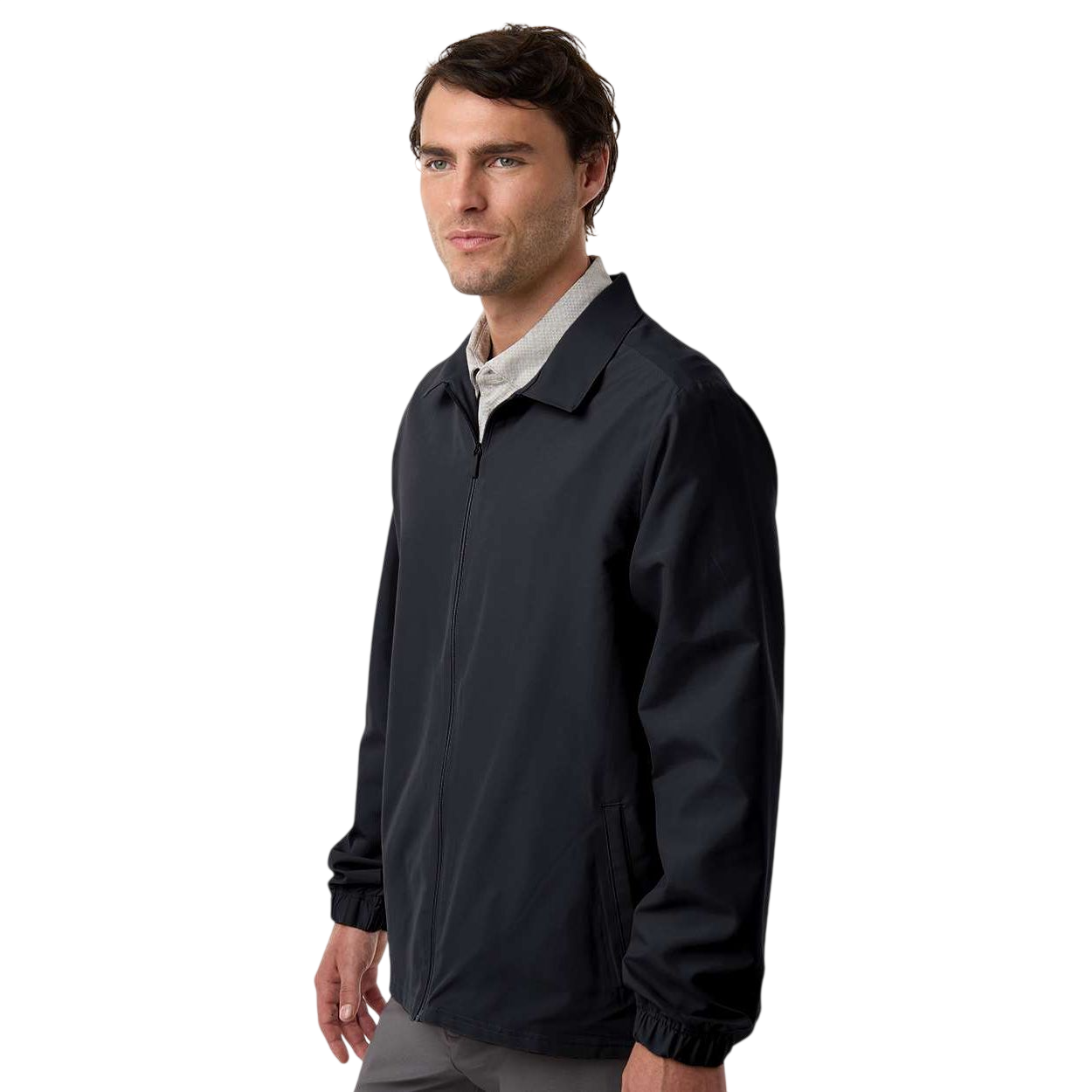Black adidas Men's Lifestyle Full-Zip Jacket in lightweight recycled polyester with full front zipper, self-collar, regular fit, and subtle contrast logo detail on the back shoulder, designed for casual wear, travel, and light outdoor layering.