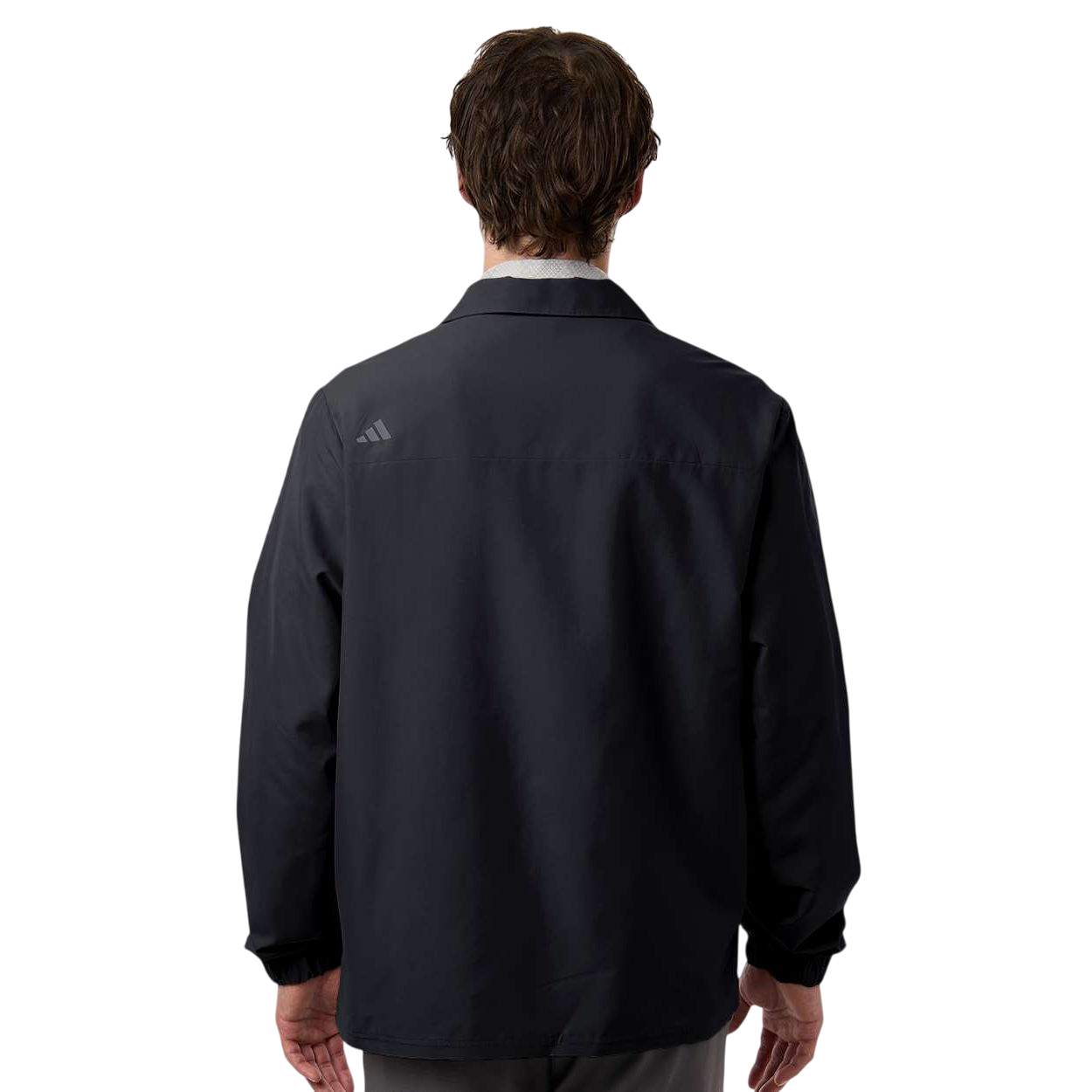 Black adidas Men's Lifestyle Full-Zip Jacket in lightweight recycled polyester with full front zipper, self-collar, regular fit, and subtle contrast logo detail on the back shoulder, designed for casual wear, travel, and light outdoor layering.