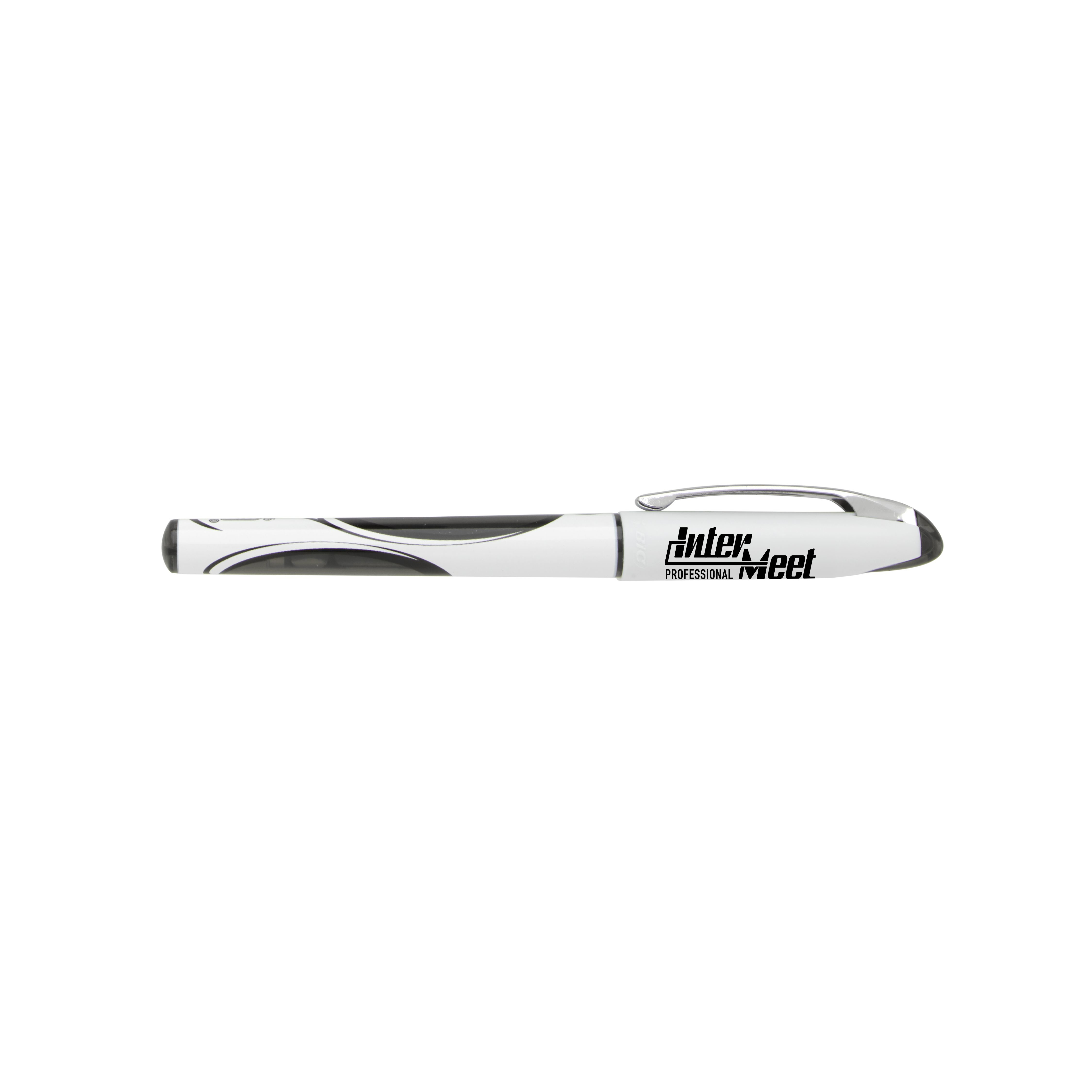 White plastic fine-point pen with black ink, modern two-piece design, and smooth writing system for professional office use.