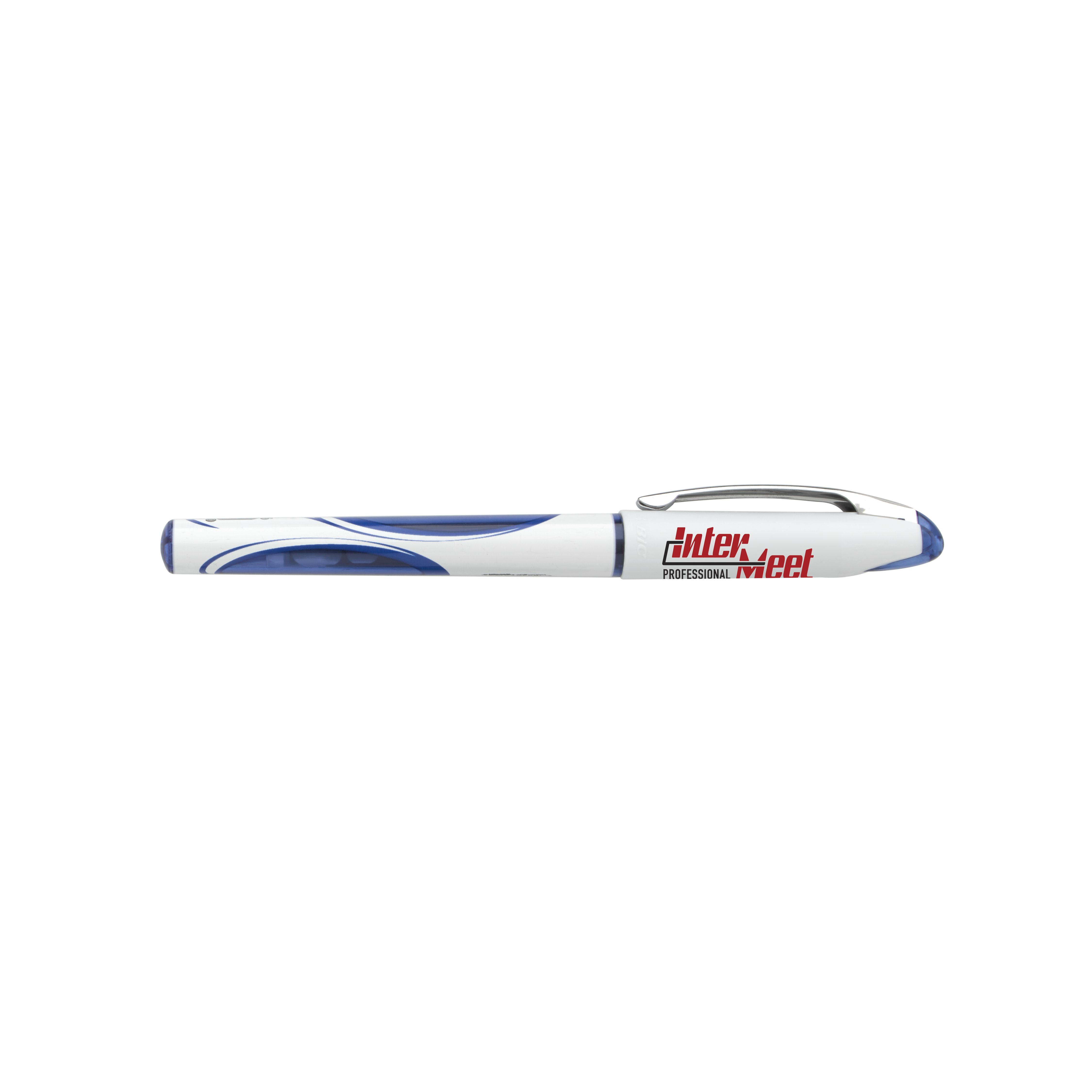 White plastic fine-point pen with blue ink, modern two-piece design, and ultra-smooth writing system for daily writing tasks.