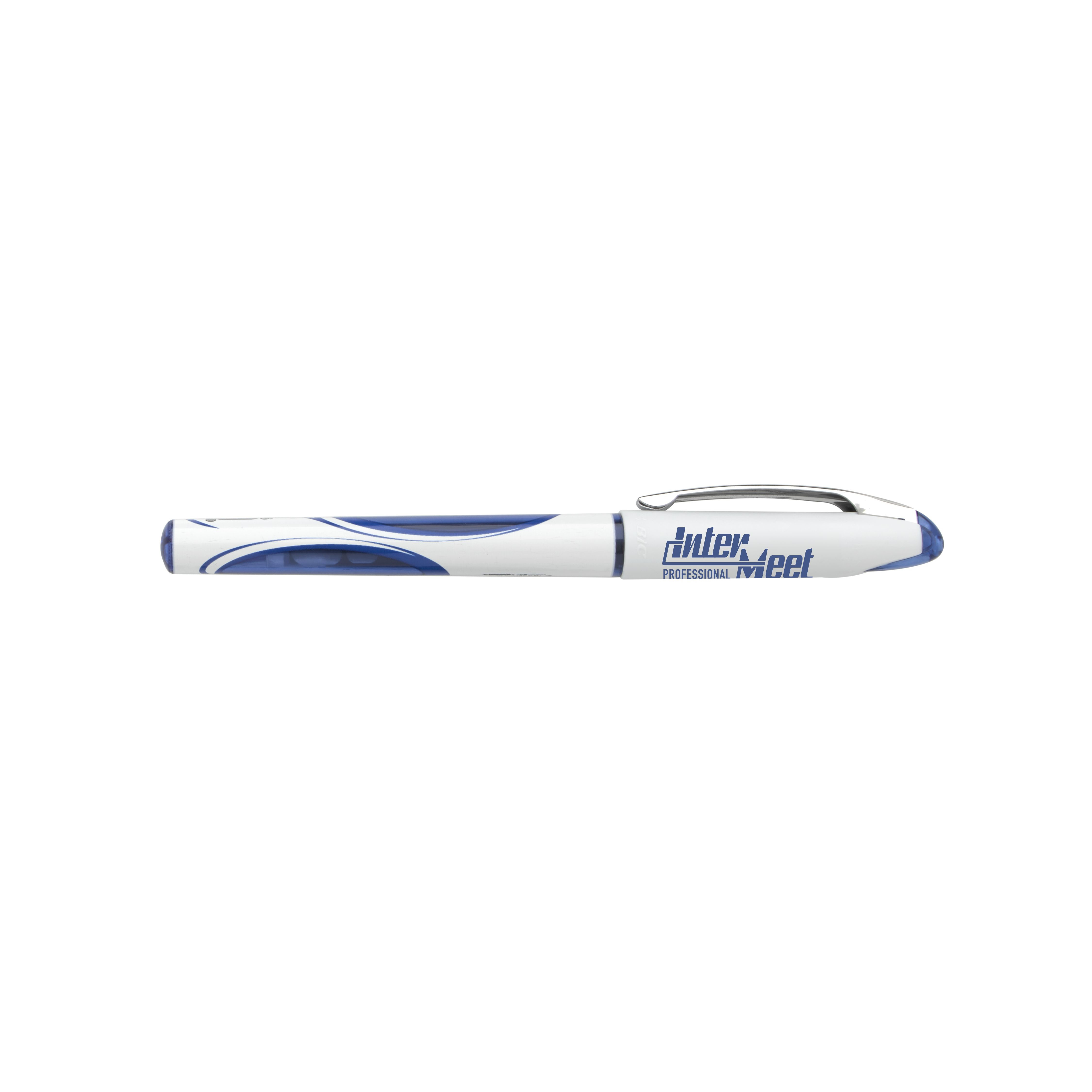 White plastic fine-point pen with blue ink, modern two-piece design, and ultra-smooth writing system for daily writing tasks.