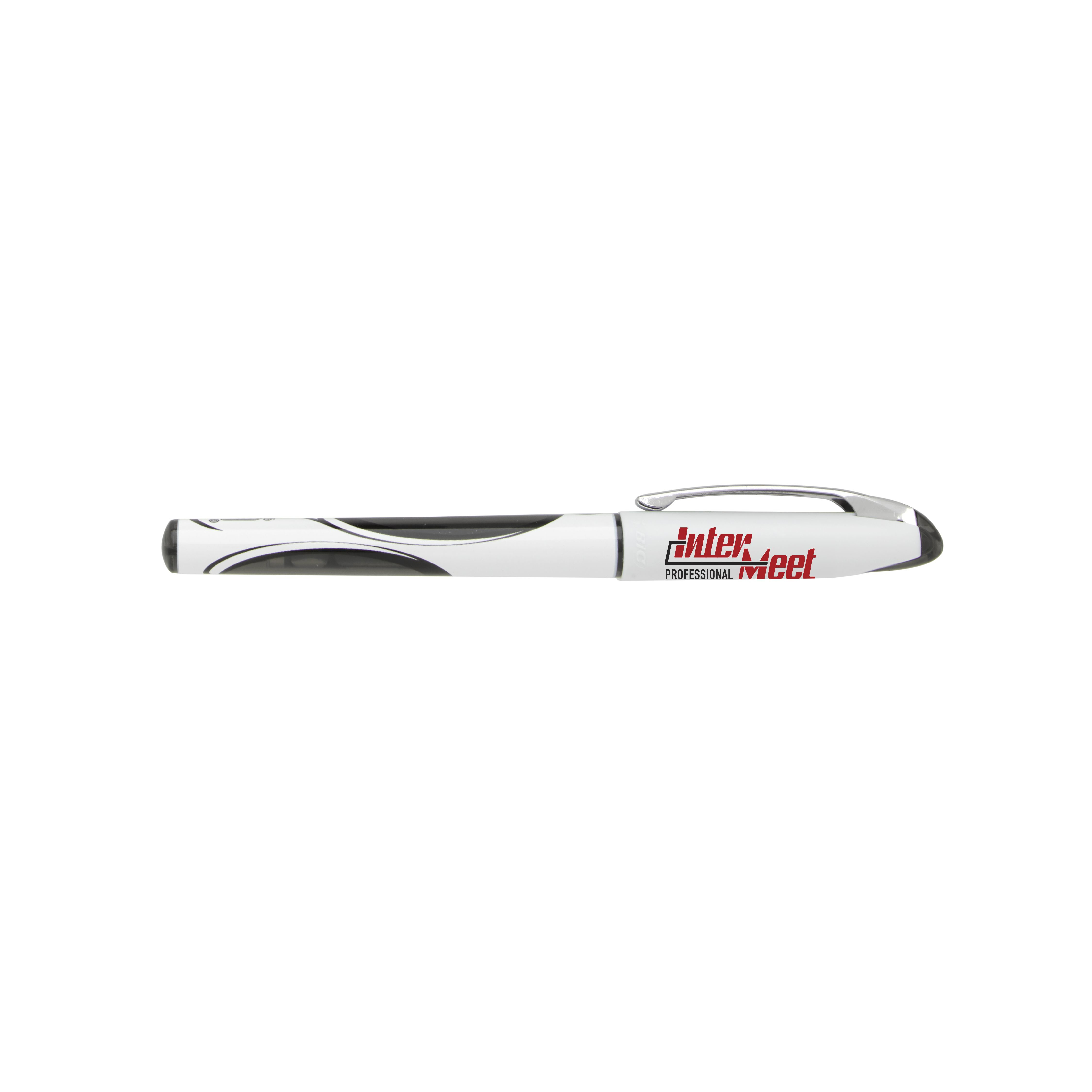 White plastic fine-point pen with black ink, modern two-piece design, and smooth writing system for professional office use.