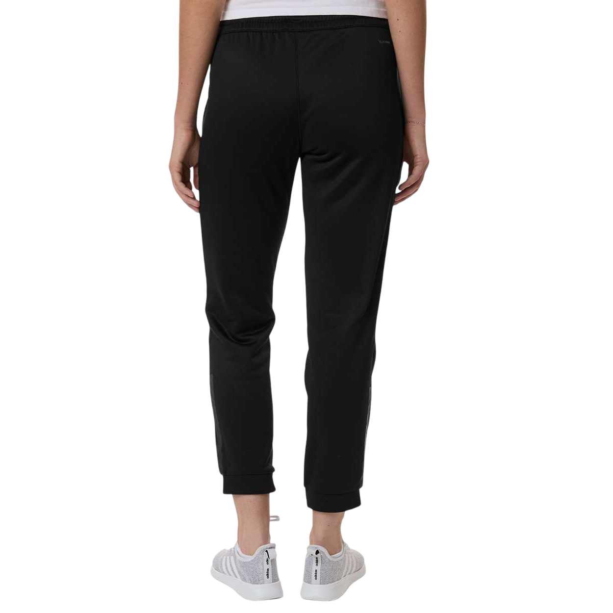 Black adidas Women’s Game & Go Fleece Sweatpants in black recycled polyester fleece with elastic drawcord waistband, zippered side pockets, and heat-seal logo, designed for athletic training and casual comfort.