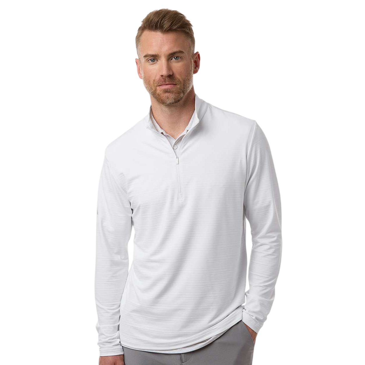 White adidas Men’s Textured Stripe Quarter-Zip Pullover, recycled polyester blend with jacquard texture, subtle stripe pattern, quarter-zip front, and long sleeves for athletic, golf, or corporate casual wear.