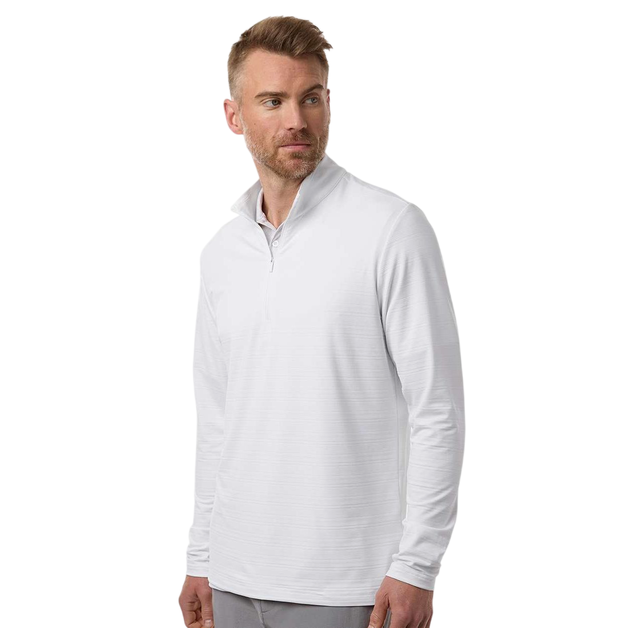 White adidas Men’s Textured Stripe Quarter-Zip Pullover, recycled polyester blend with jacquard texture, subtle stripe pattern, quarter-zip front, and long sleeves for athletic, golf, or corporate casual wear.