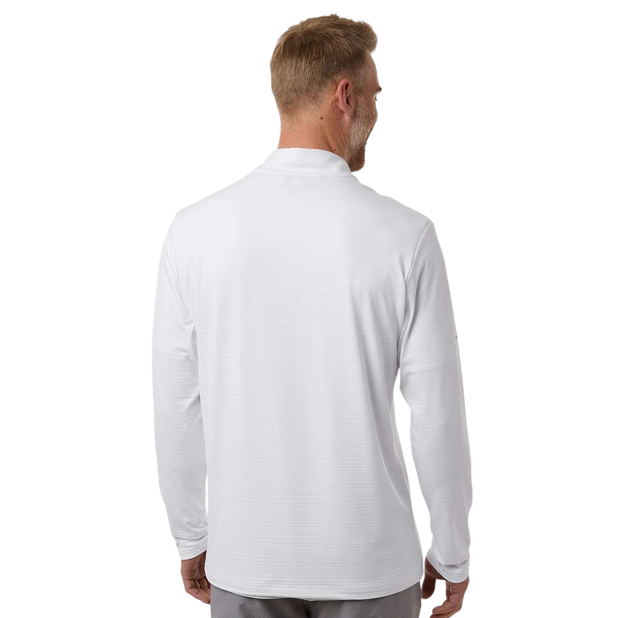 White adidas Men’s Textured Stripe Quarter-Zip Pullover, recycled polyester blend with jacquard texture, subtle stripe pattern, quarter-zip front, and long sleeves for athletic, golf, or corporate casual wear.
