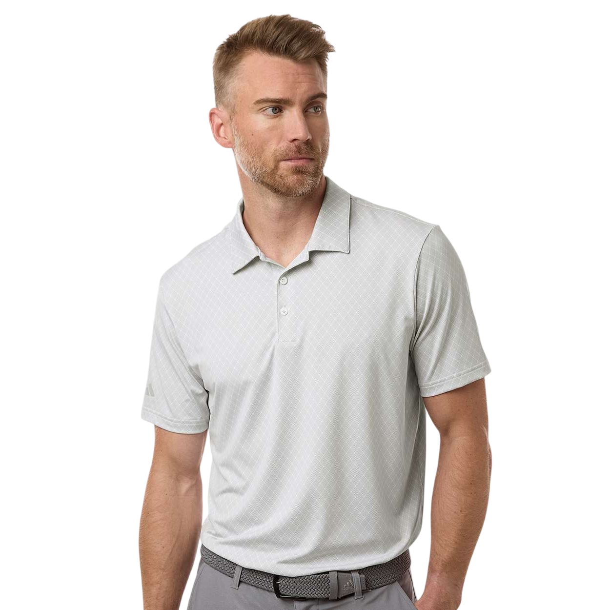 White Adidas Men’s 4-Way Stretch Printed Polo featuring lightweight recycled polyester stretch fabric, self-collar, three-button placket, subtle all-over grid print pattern, and athletic performance fit for golf, corporate apparel, or team wear.
