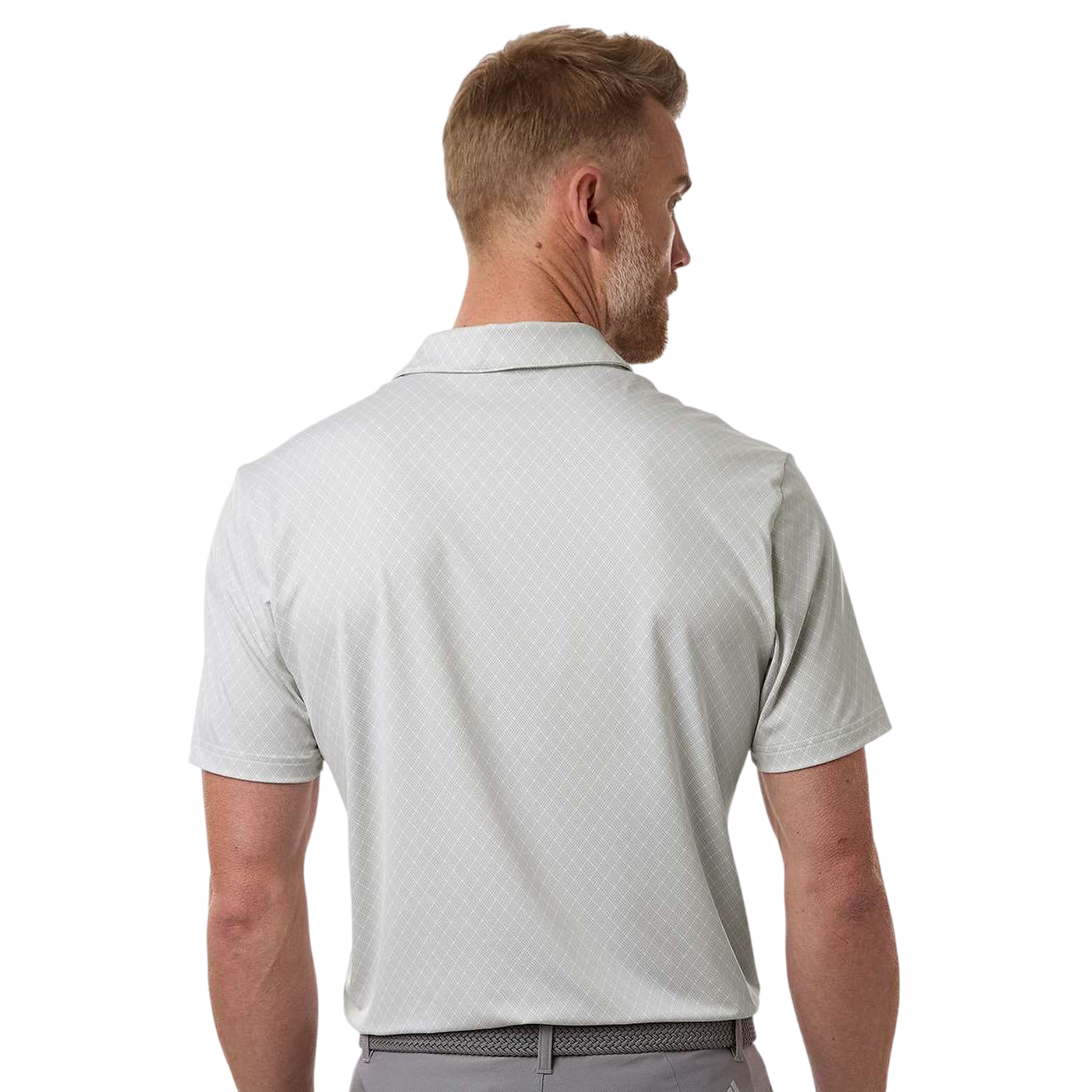 White Adidas Men’s 4-Way Stretch Printed Polo featuring lightweight recycled polyester stretch fabric, self-collar, three-button placket, subtle all-over grid print pattern, and athletic performance fit for golf, corporate apparel, or team wear.
