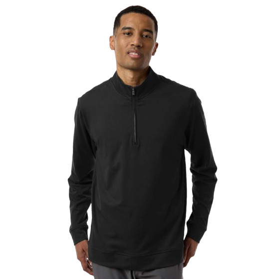 Black adidas Textured Stripe Quarter-Zip Pullover with jacquard texture, stand collar, quarter-zip front, and recycled polyester stretch fabric designed for casual and athletic wear.