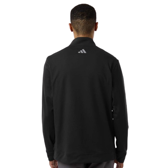 Black adidas Textured Stripe Quarter-Zip Pullover with jacquard texture, stand collar, quarter-zip front, and recycled polyester stretch fabric designed for casual and athletic wear.