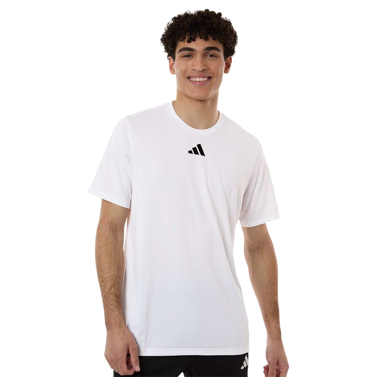 White/Black adidas Men's Pregame T-Shirt made from lightweight recycled polyester with moisture-management performance fabric, crewneck design, and athletic fit for training, team wear, and casual activewear.