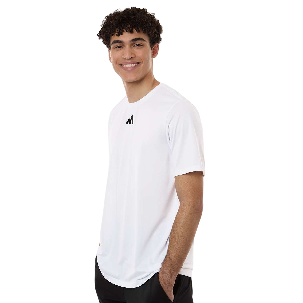 White/Black adidas Men's Pregame T-Shirt made from lightweight recycled polyester with moisture-management performance fabric, crewneck design, and athletic fit for training, team wear, and casual activewear.