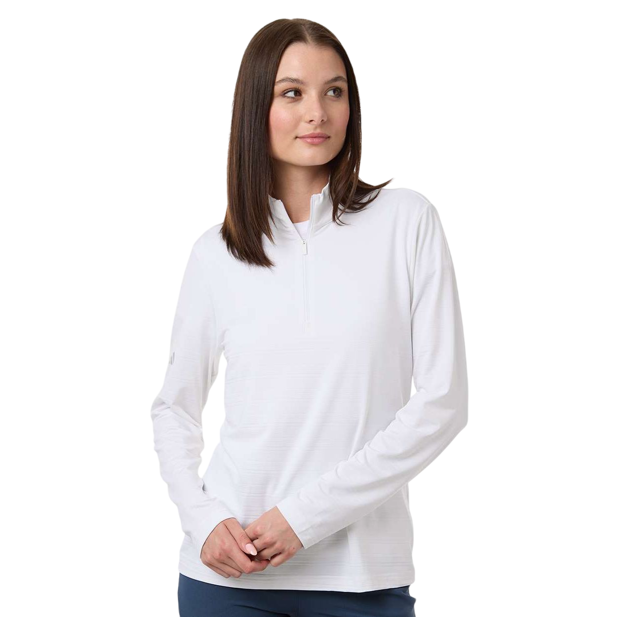 White adidas Women’s Textured Stripe Quarter-Zip Pullover featuring jacquard knit fabric, subtle stripe texture, long sleeves, and athletic fit for casual wear, golf, or corporate apparel
