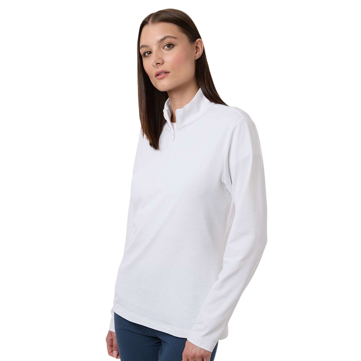 White adidas Women’s Textured Stripe Quarter-Zip Pullover featuring jacquard knit fabric, subtle stripe texture, long sleeves, and athletic fit for casual wear, golf, or corporate apparel