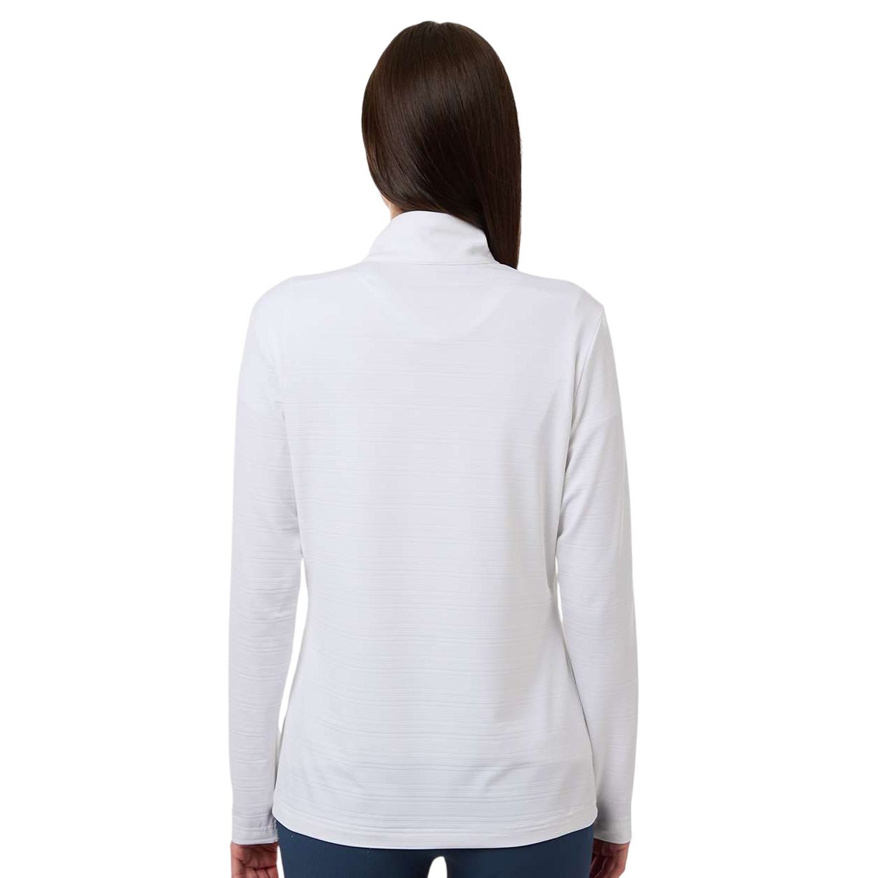 White adidas Women’s Textured Stripe Quarter-Zip Pullover featuring jacquard knit fabric, subtle stripe texture, long sleeves, and athletic fit for casual wear, golf, or corporate apparel