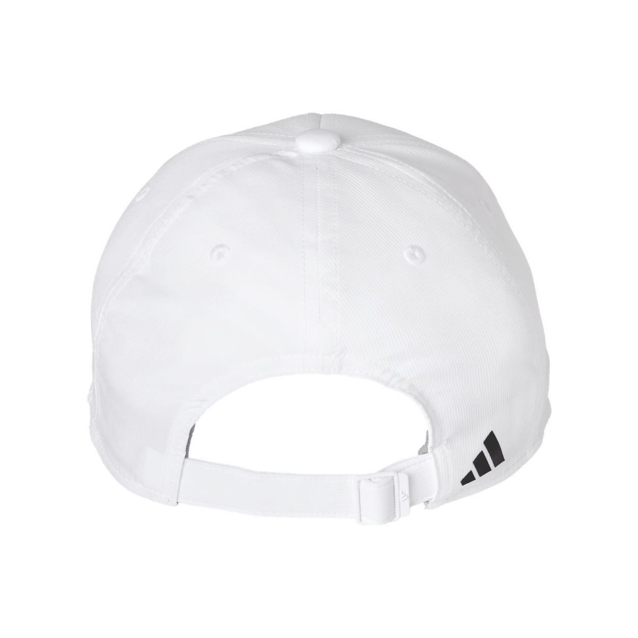 White/Black adidas Fundamental Alliance Cap structured polyester performance cap with six-panel mid-profile design, curved brim, embroidered adidas detail, and adjustable strapback closure for athletic and casual wear.
