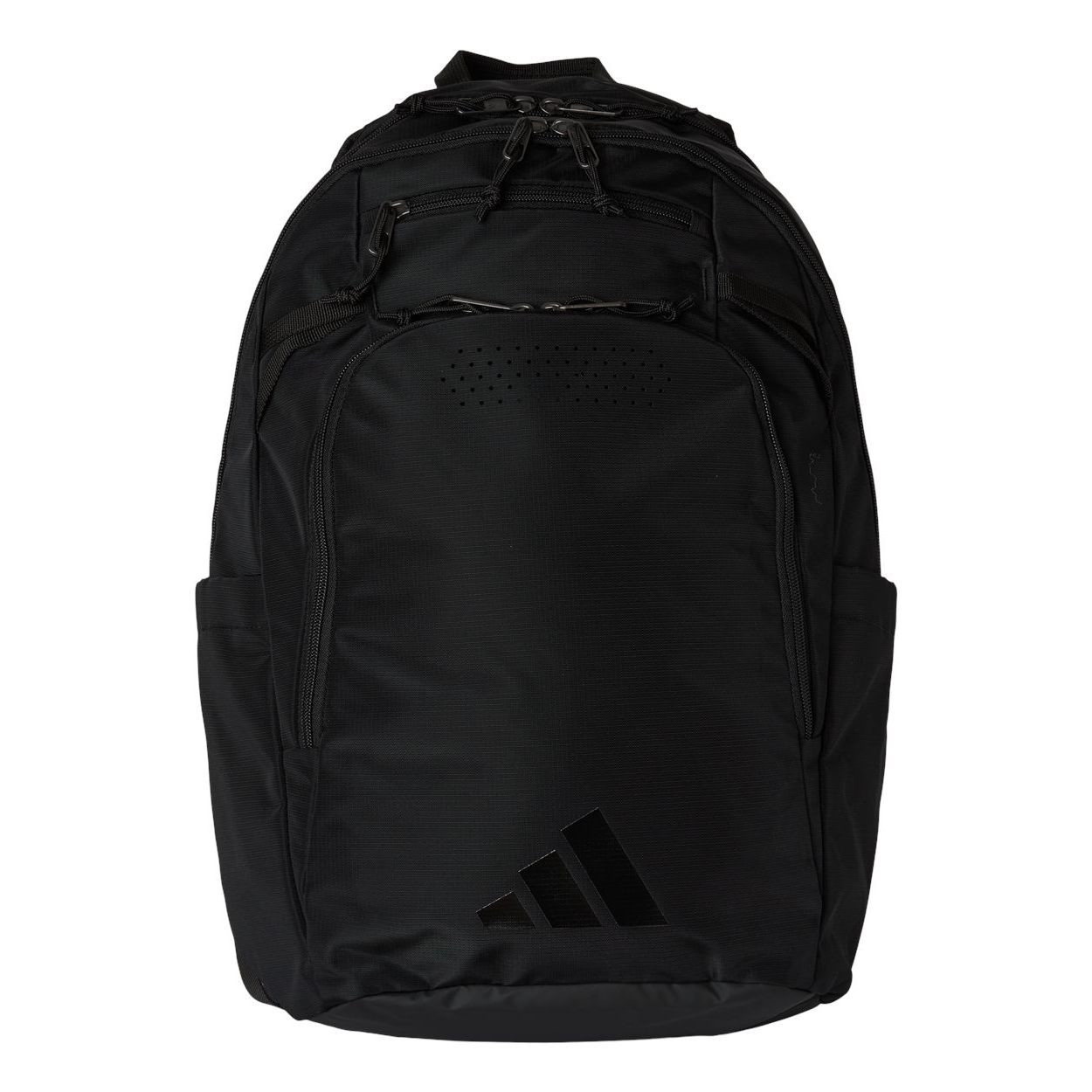 Black/Black adidas Fundamental Gameday Stretch Cap structured six-panel performance baseball cap featuring polyester construction with CLIMACOOL moisture-wicking fabric, perforated side panels for ventilation, and a stretch-fit closure designed for active wear and team or promotional use.