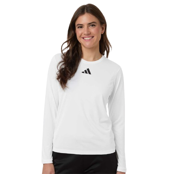 White Adidas women’s long sleeve performance t-shirt made from recycled polyester with black contrast details, crewneck collar, moisture-management fabric, and athletic regular fit for training or everyday wear.