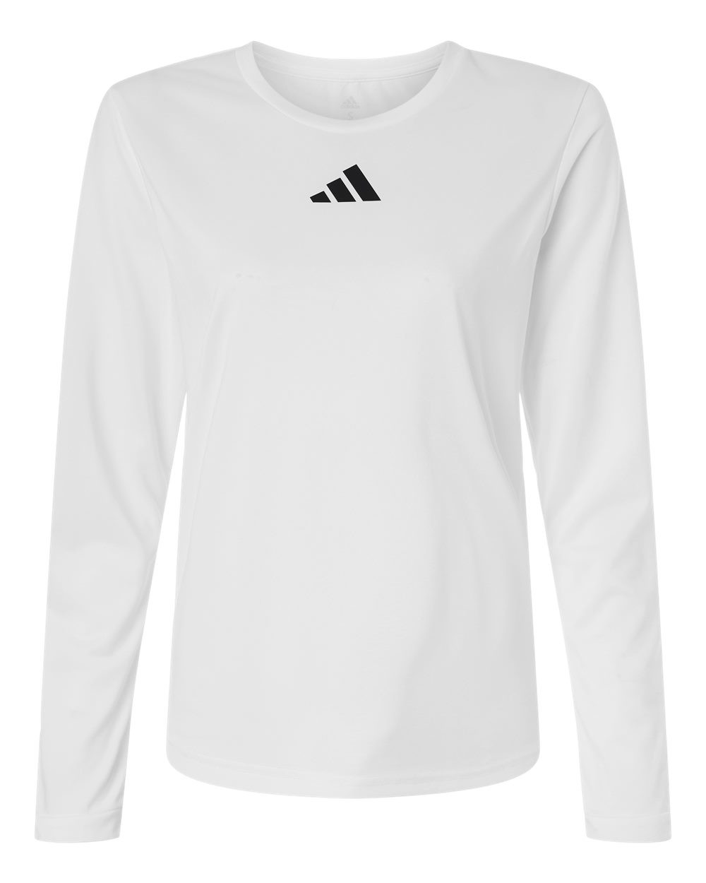 White Adidas women’s long sleeve performance t-shirt made from recycled polyester with black contrast details, crewneck collar, moisture-management fabric, and athletic regular fit for training or everyday wear.