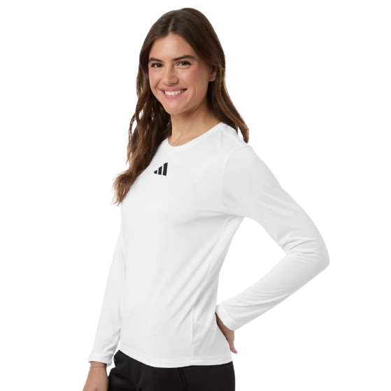 White Adidas women’s long sleeve performance t-shirt made from recycled polyester with black contrast details, crewneck collar, moisture-management fabric, and athletic regular fit for training or everyday wear.