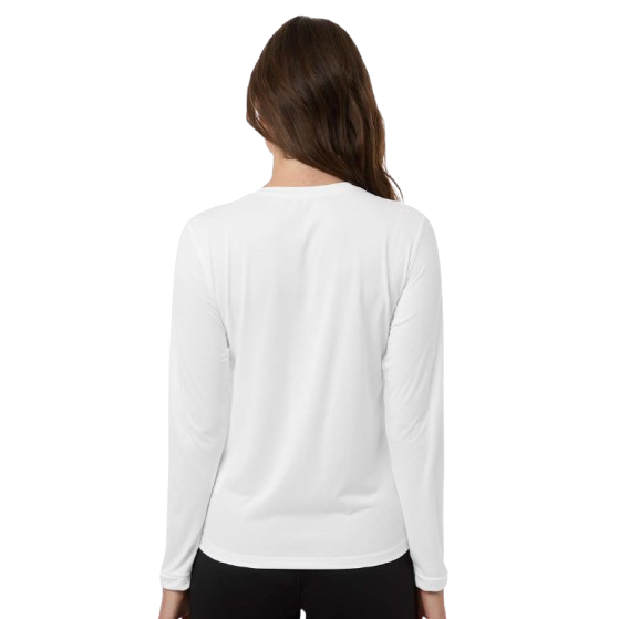 White Adidas women’s long sleeve performance t-shirt made from recycled polyester with black contrast details, crewneck collar, moisture-management fabric, and athletic regular fit for training or everyday wear.