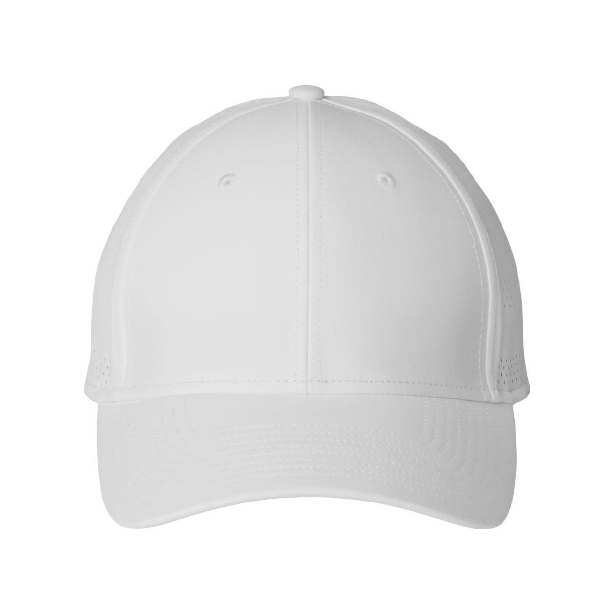 White/Black Fundamental Gameday Stretch Cap featuring a structured six-panel design, perforated side panels, curved brim, and stretch-fit construction made from lightweight polyester performance fabric for athletic and casual wear.