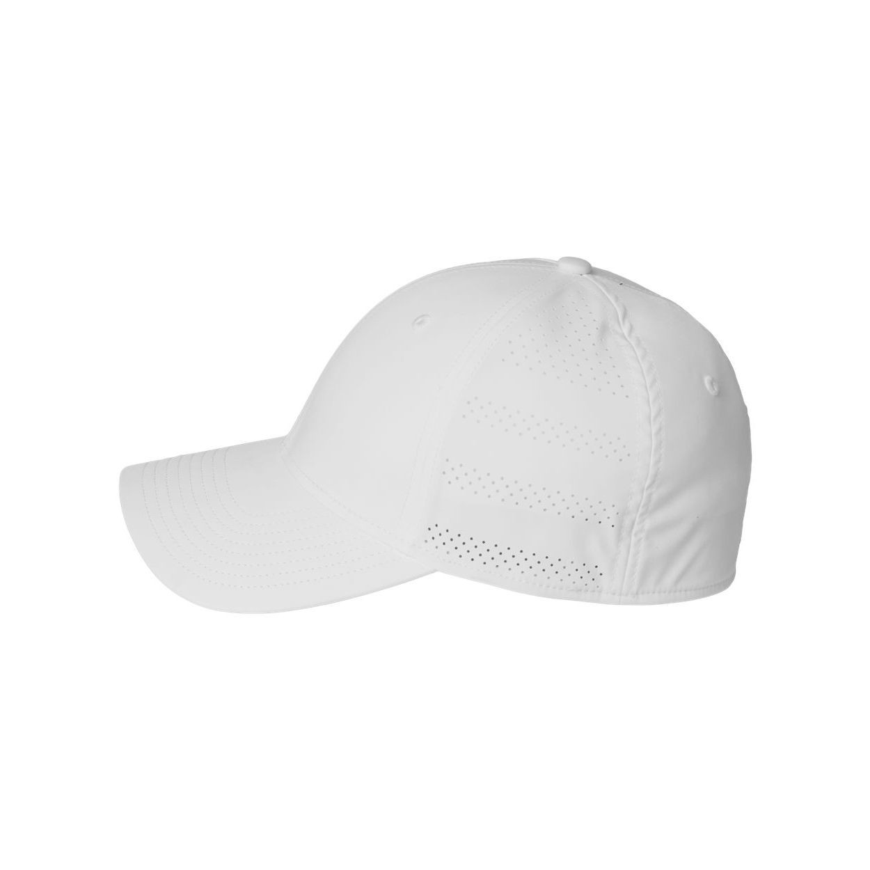 White/Black Fundamental Gameday Stretch Cap featuring a structured six-panel design, perforated side panels, curved brim, and stretch-fit construction made from lightweight polyester performance fabric for athletic and casual wear.