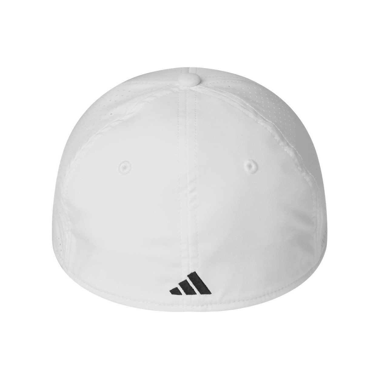 White/Black Fundamental Gameday Stretch Cap featuring a structured six-panel design, perforated side panels, curved brim, and stretch-fit construction made from lightweight polyester performance fabric for athletic and casual wear.