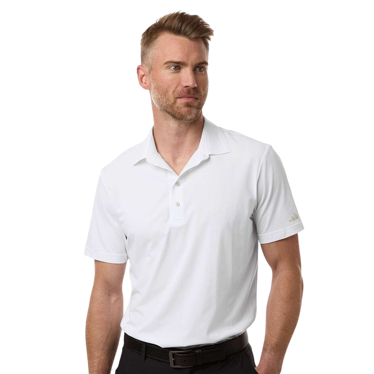 White adidas Men's Ultimate365 Tour Twistknit Polo with short sleeves, four-button placket, bonded collar, and lightweight recycled polyester Twistknit fabric designed for golf, corporate wear, and custom branding.