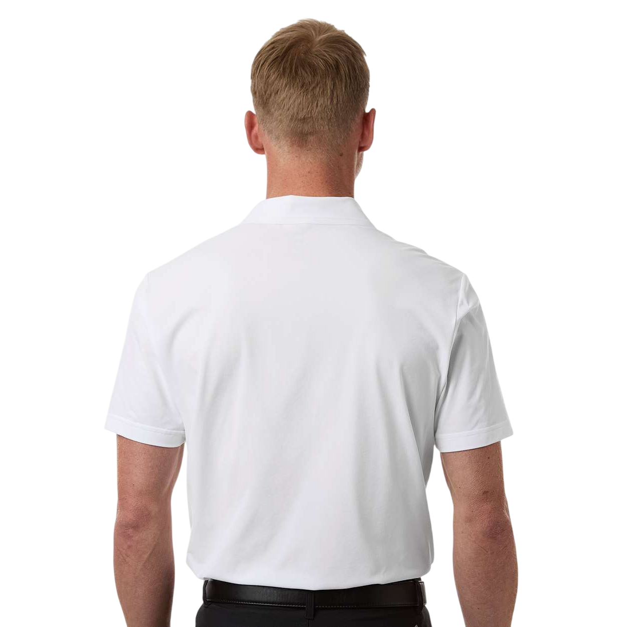 White adidas Men's Ultimate365 Tour Twistknit Polo with short sleeves, four-button placket, bonded collar, and lightweight recycled polyester Twistknit fabric designed for golf, corporate wear, and custom branding.
