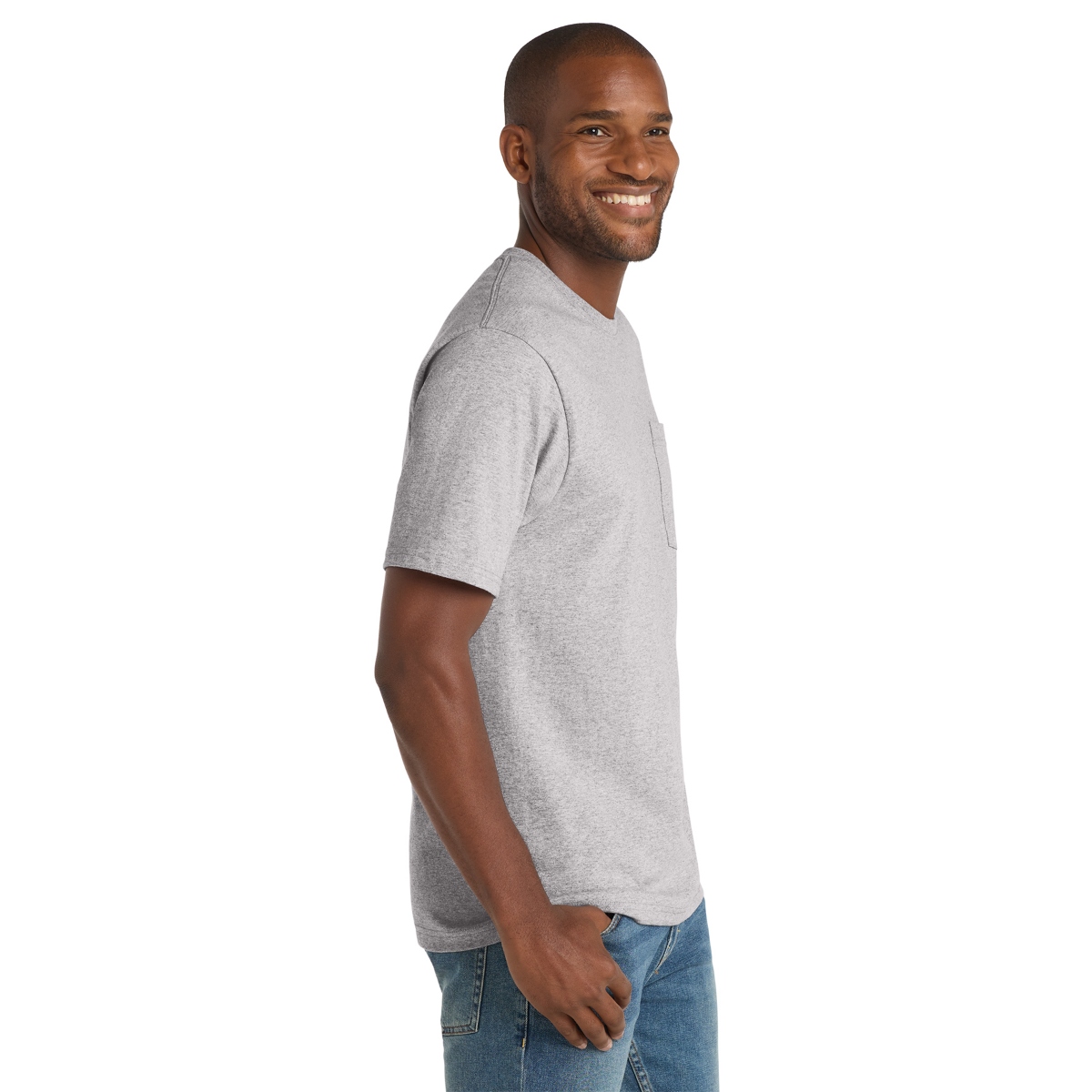 Heather Grey heavyweight short-sleeve work tee with a chest pocket, rib knit neck, and durable cotton construction designed for jobsite use.