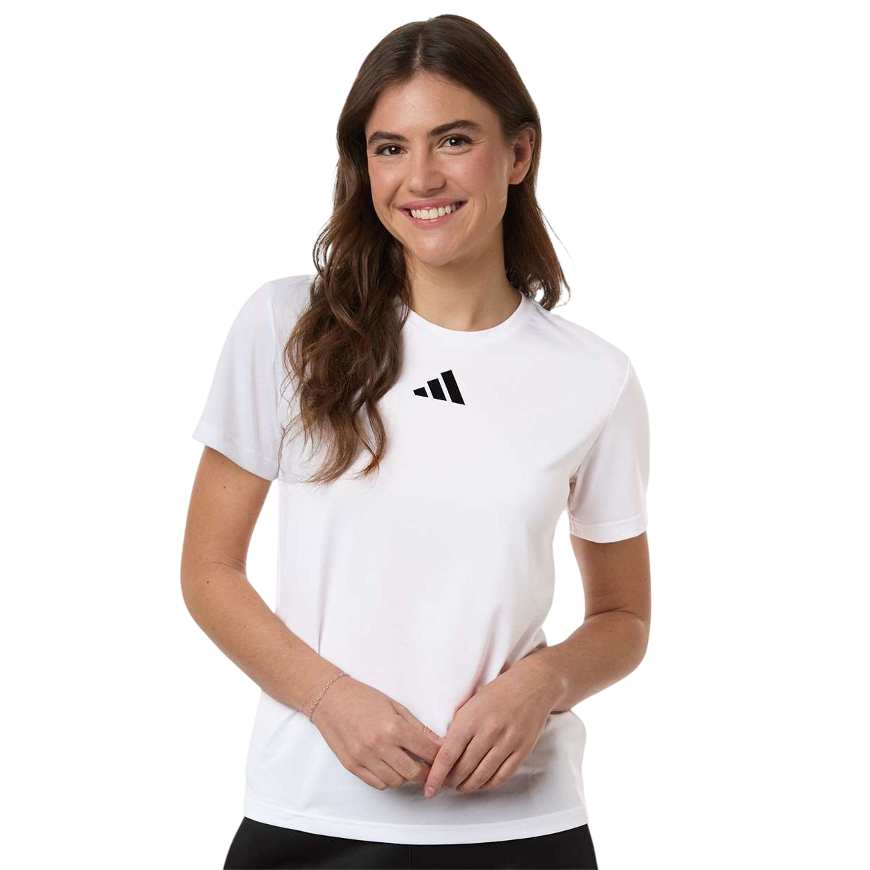 White/Black adidas Women's Pregame T-Shirt featuring a crewneck design, short sleeves, moisture-wicking recycled polyester fabric, and heat-seal adidas logo, designed for athletic training and team wear.