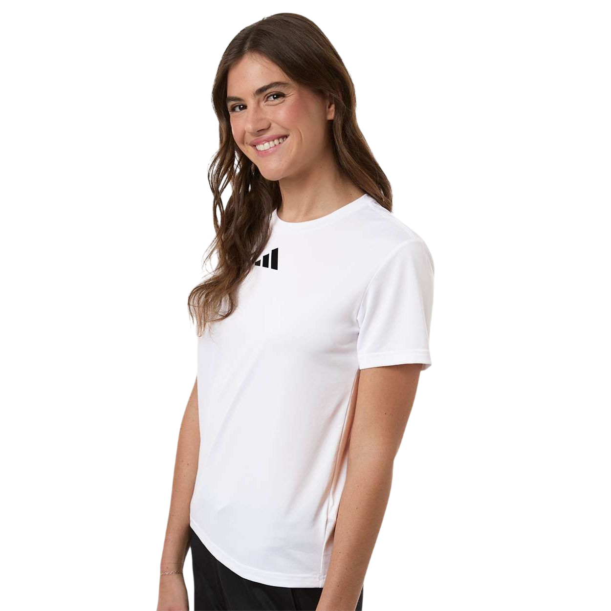 White/Black adidas Women's Pregame T-Shirt featuring a crewneck design, short sleeves, moisture-wicking recycled polyester fabric, and heat-seal adidas logo, designed for athletic training and team wear.