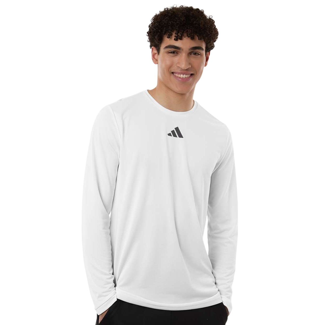 White/Team Gray Four adidas Men's Pregame Long Sleeve T-Shirt featuring recycled polyester performance fabric, crewneck design, long sleeves, heat-seal chest logo, and moisture-management technology for athletic wear and team apparel