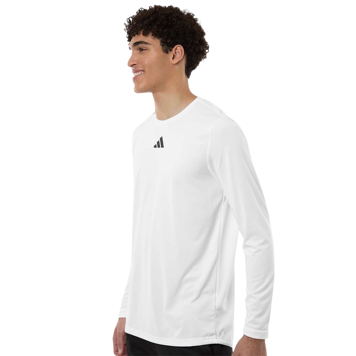 White/Team Gray Four adidas Men's Pregame Long Sleeve T-Shirt featuring recycled polyester performance fabric, crewneck design, long sleeves, heat-seal chest logo, and moisture-management technology for athletic wear and team apparel