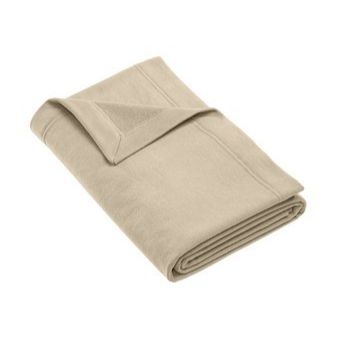 Sand Gildan Heavy Blend Fleece Stadium Blanket with soft brushed cotton-poly fabric, fully hemmed edges, and durable fleece construction for outdoor events, travel, and promotional giveaways.