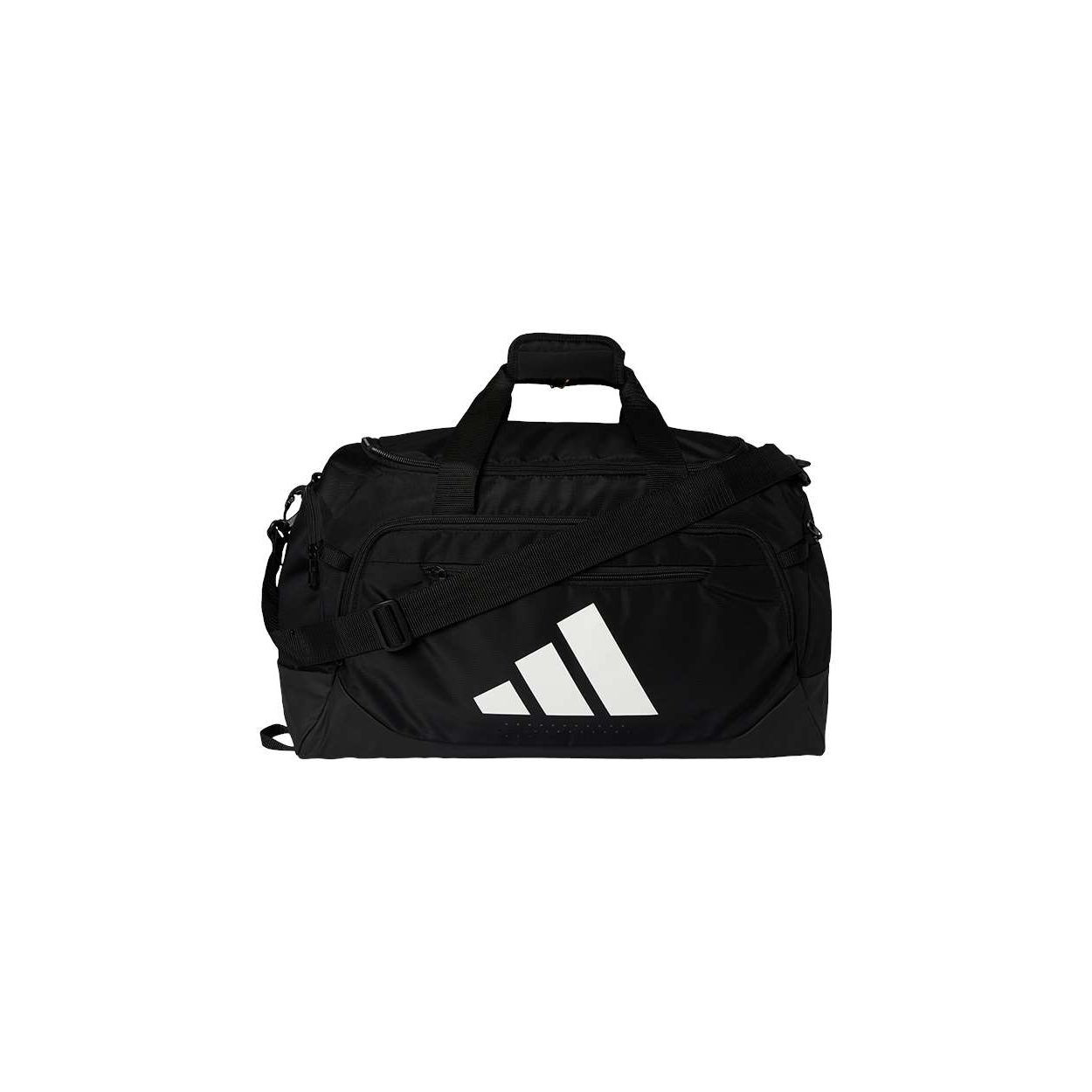 Black/Black Defender 5 Small Duffel Bag with water-resistant base, multiple zippered compartments, adjustable shoulder strap, and ventilated storage pocket for travel and gym use