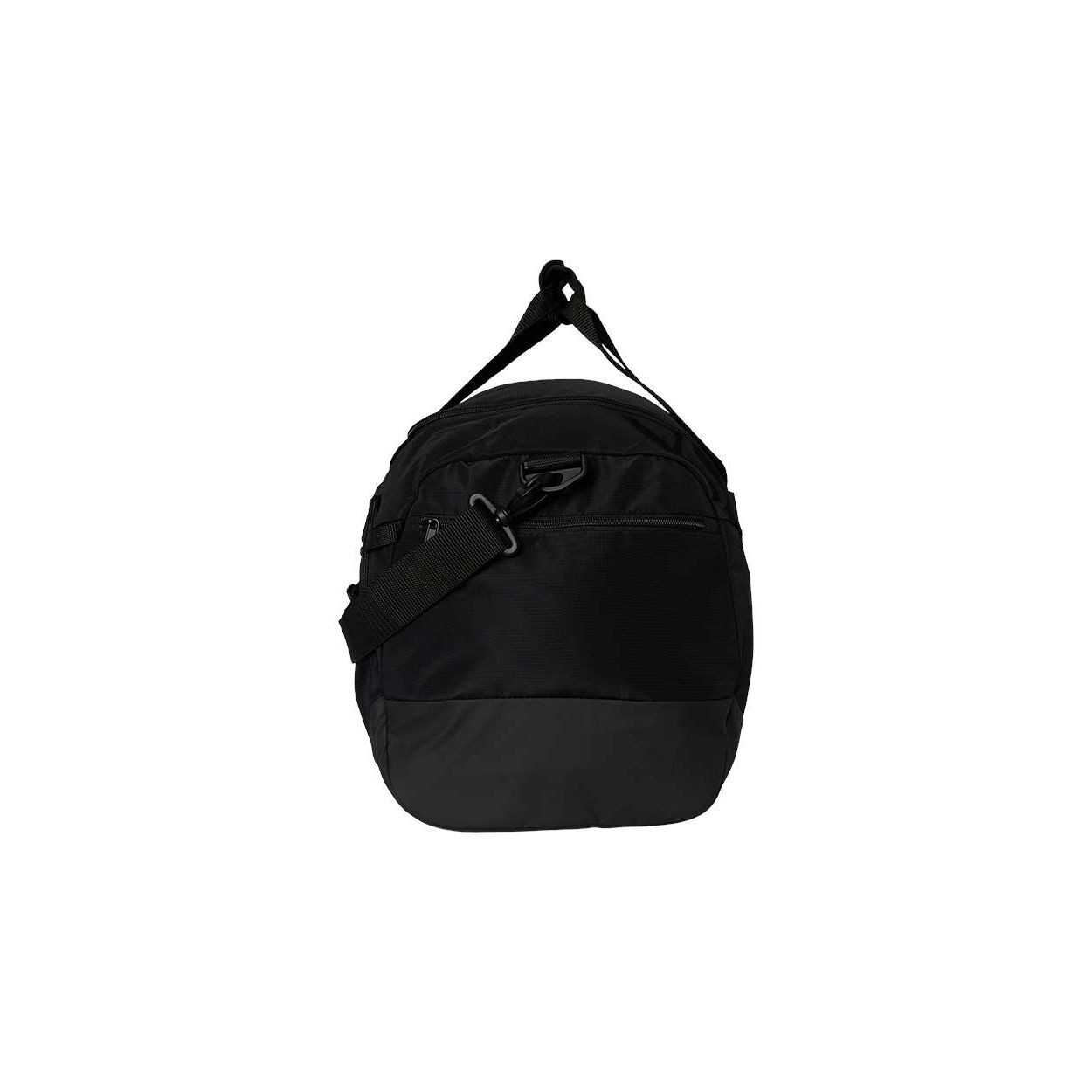 Black/Black Defender 5 Small Duffel Bag with water-resistant base, multiple zippered compartments, adjustable shoulder strap, and ventilated storage pocket for travel and gym use