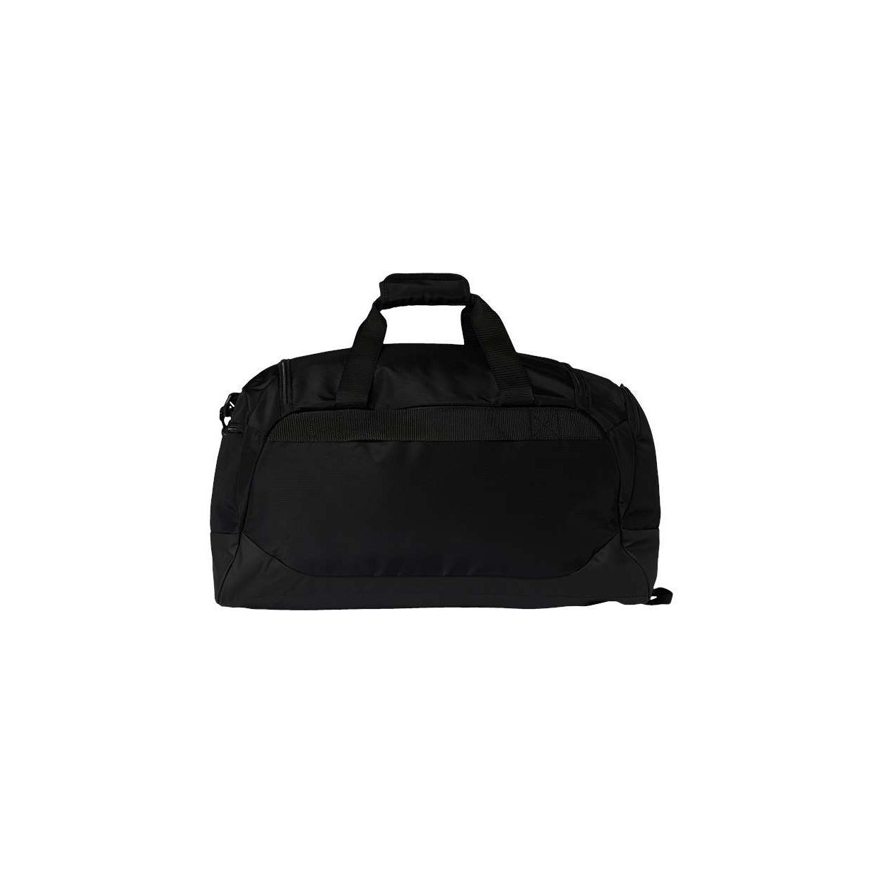 Black/Black Defender 5 Small Duffel Bag with water-resistant base, multiple zippered compartments, adjustable shoulder strap, and ventilated storage pocket for travel and gym use
