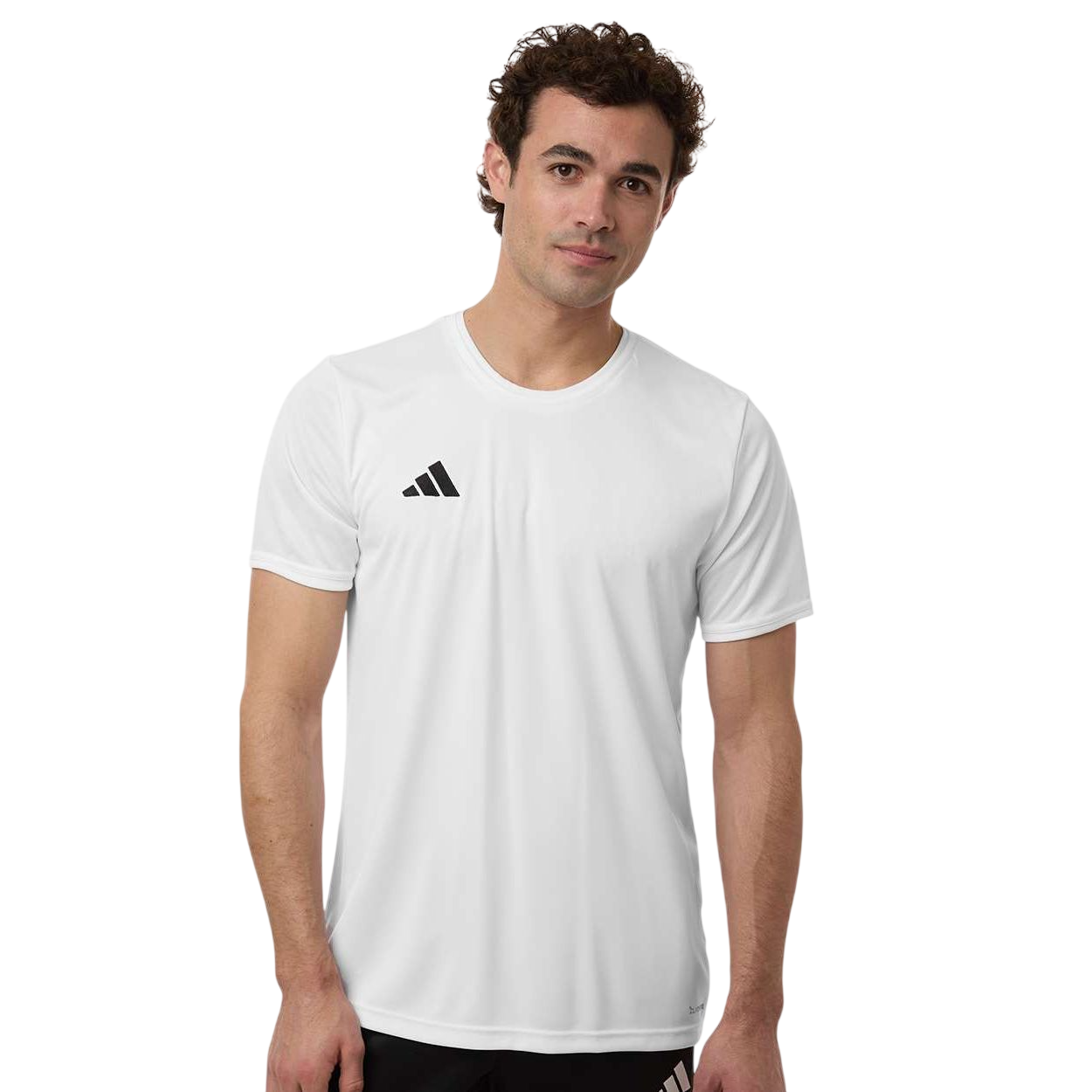 White/Black adidas Men's Entrada 26 Jersey slim-fit soccer shirt with embroidered logo, crew neckline, and recycled polyester performance fabric for training and team sports