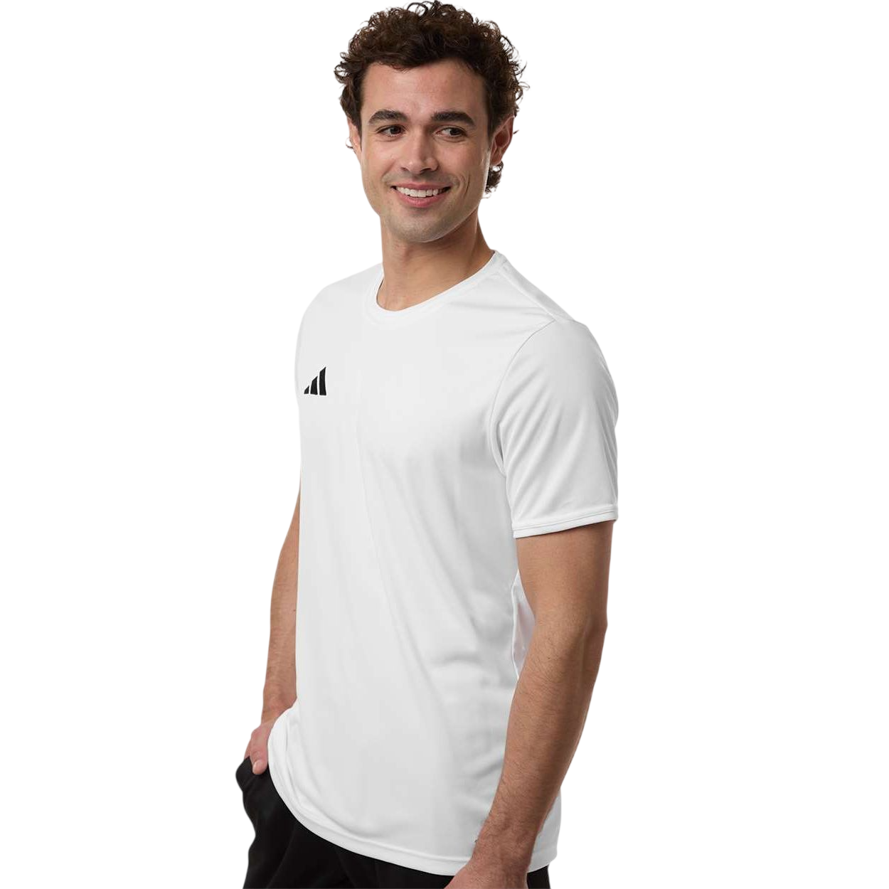 White/Black adidas Men's Entrada 26 Jersey slim-fit soccer shirt with embroidered logo, crew neckline, and recycled polyester performance fabric for training and team sports