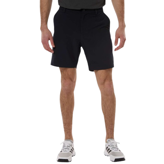 Black performance polo shirt with moisture-wicking fabric, a ribbed collar, short sleeves, and a classic three-button placket for a clean athletic look.