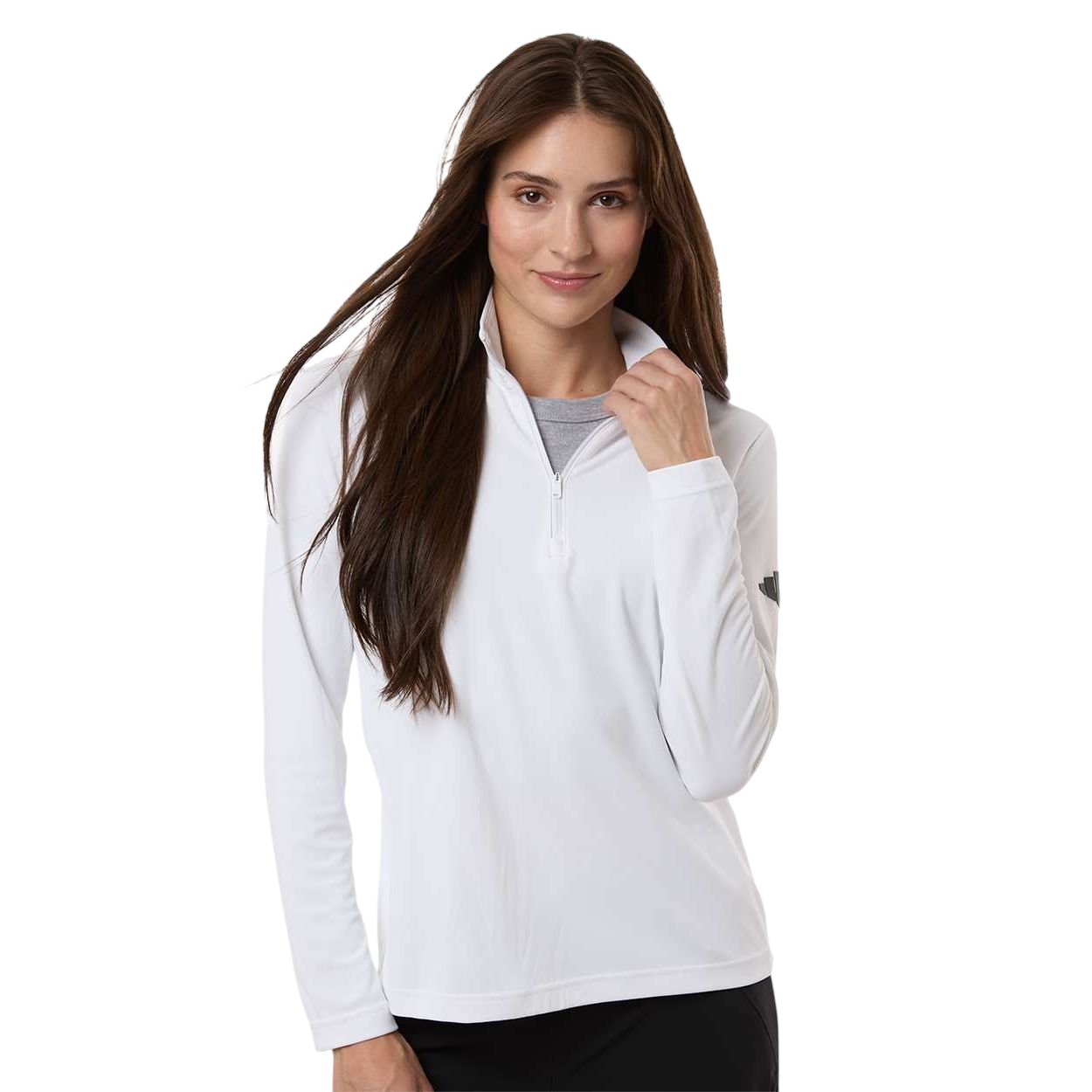 White Adidas Women’s Lightweight Quarter-Zip Pullover made from recycled polyester with a self-mock collar, long sleeves, quarter-zip front, and athletic performance fit for layering or active wear.